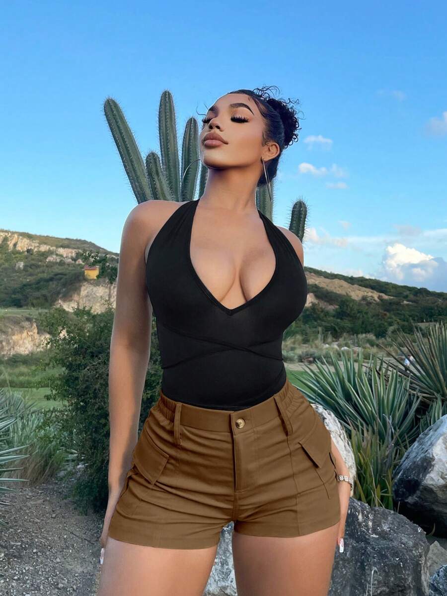 SHEIN SXY Flap Pocket Side Cargo Shorts - Brown - View 1