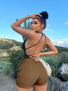 SHEIN SXY Flap Pocket Side Cargo Shorts - Brown - View 2