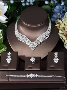 1set Elegant And Luxurious Bridal Jewelry Set With Cubic Zirconia Inlay - Silver - View 7