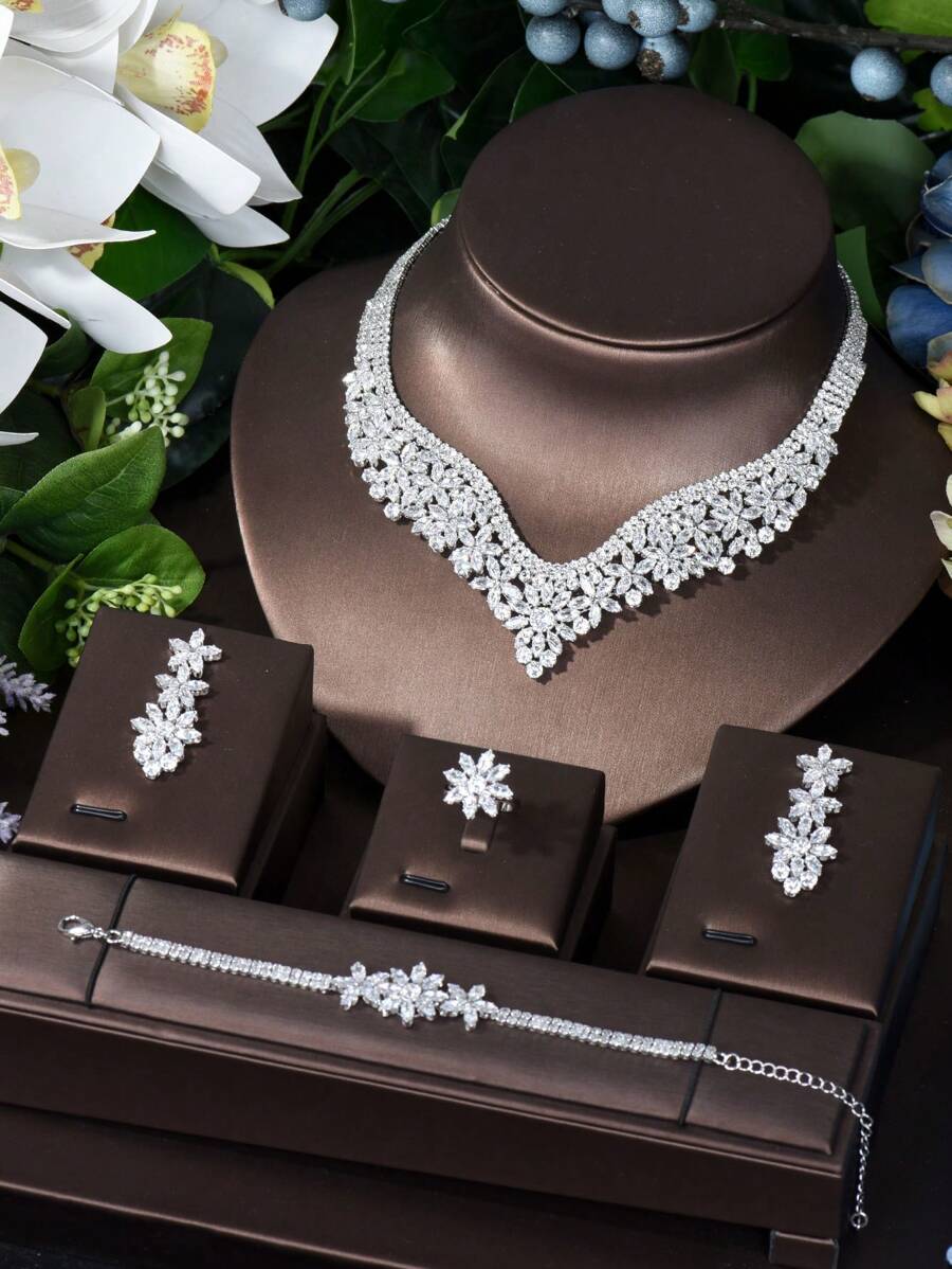 1set Elegant And Luxurious Bridal Jewelry Set With Cubic Zirconia Inlay