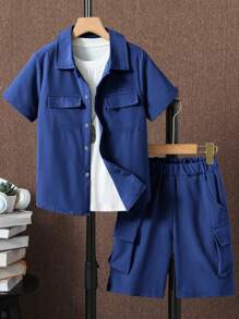 SHEIN Bộ hai mảnh Trai Túi Nút phía trước màu trơn Giải trí - Màu xanh hải quân - Xem 1