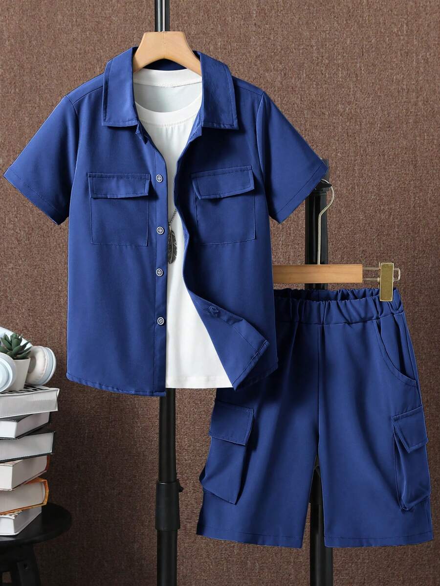 SHEIN Bộ hai mảnh Trai Túi Nút phía trước màu trơn Giải trí - Màu xanh hải quân - Xem 1