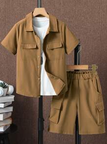 SHEIN 男孩翻蓋口袋襯衫和短褲不帶T恤 - 卡其色 - 查看 1