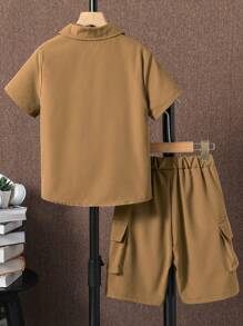 SHEIN 男孩翻蓋口袋襯衫和短褲不帶T恤 - 卡其色 - 查看 2