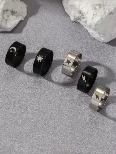 5入組太陽月亮星形設計不銹鋼男士戒指套裝彩色時尚受歡迎首飾類禮品派對