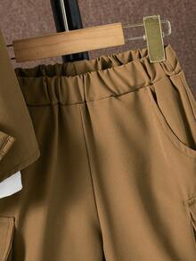 SHEIN 男孩翻蓋口袋襯衫和短褲不帶T恤 - 卡其色 - 查看 4