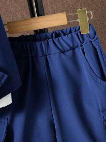 SHEIN Bộ hai mảnh Trai Túi Nút phía trước màu trơn Giải trí - Màu xanh hải quân - Xem 4