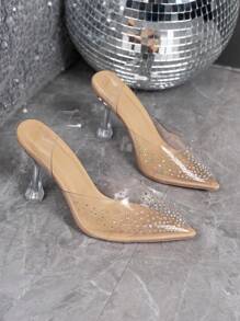 Women Rhinestone Decor Point Toe Pyramid Heeled Pumps, Fashion Outdoor Slingback Pumps
