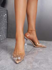 Women Rhinestone Decor Point Toe Pyramid Heeled Pumps, Fashion Outdoor Slingback Pumps