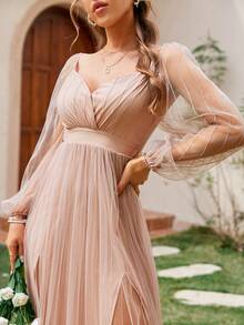 Simplee Surplice Neck Lantern Sleeve Mesh Overlay Dress - Baby Pink - View 3