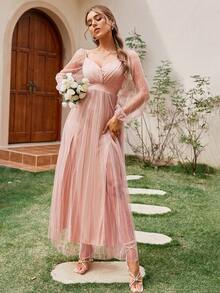 Simplee Surplice Neck Lantern Sleeve Mesh Overlay Dress - Baby Pink - View 7