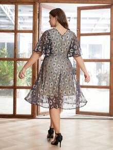 Plus Allover Floral Butterfly Sleeve Lace Dress - Blue - View 2