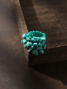1pc Bohemian Style Elastic Beaded Wide Ring With Natural Stone For Women