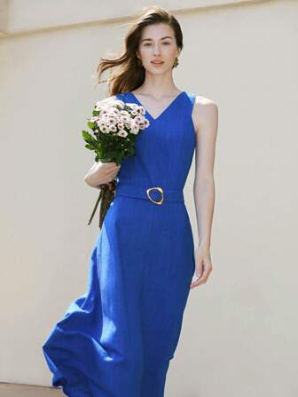 MOTF PREMIUM BELTED LINEN-BLEND POCKET DRESS