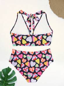 Conjunto de bikini de talla grande con estampado de corazones y tirante para el cuello para la playa de verano - Multicolor - Ver 2