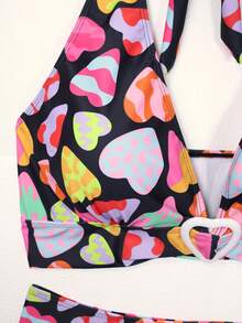 Conjunto de bikini de talla grande con estampado de corazones y tirante para el cuello para la playa de verano - Multicolor - Ver 3