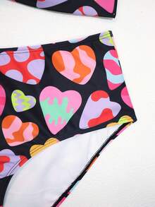 Conjunto de bikini de talla grande con estampado de corazones y tirante para el cuello para la playa de verano - Multicolor - Ver 4