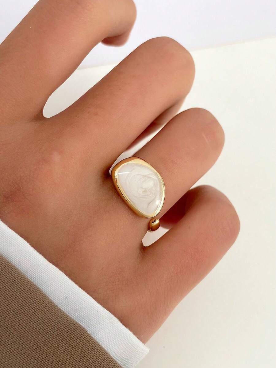 1 chiếc nhẫn hình học bất đối xứng nhiều màu tráng dầu cổ điển thời trang phù hợp để đeo hàng ngày cho phụ nữ - Vàng - Xem 1