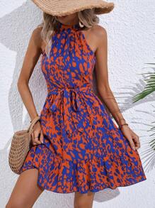 SHEIN VCAY Vestido halter con estampado bajo con fruncido con cinturón - Multicolor - Ver 1
