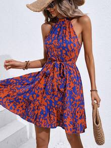 SHEIN VCAY Vestido halter con estampado bajo con fruncido con cinturón - Multicolor - Ver 3