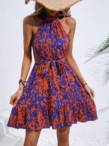 SHEIN VCAY Vestido halter con estampado bajo con fruncido con cinturón - Multicolor - Ver 4