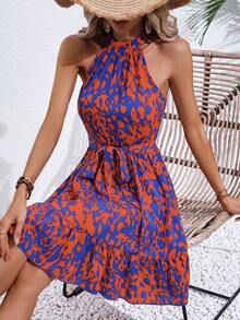 SHEIN VCAY Vestido halter con estampado bajo con fruncido con cinturón - Multicolor - Ver 7