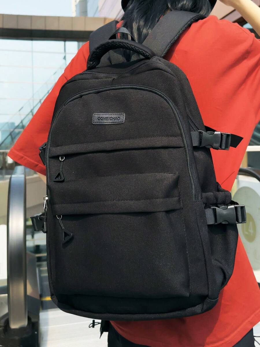 Lightweight,Portable,Anti Theft Letter Patch Decor Classic Backpack Medium Zipper Black School Bag For Graduate, Teen Girls, Freshman, Sophomore, Junior & Senior In College, University & High School, Perfect For Outdoors ,Travel & Back To School - Black - View 1