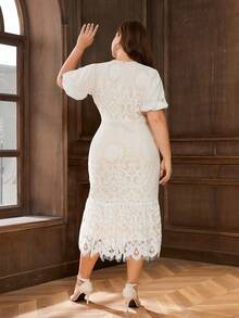 大碼泡泡袖蕾絲連衣裙 - 米色 - 查看 2