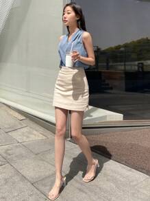 DAZY Casual Business Style Sleeveless Solid Color Shirt,Sleeveless Tops Going Out Tops - Dusty Blue - View 5
