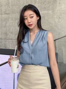 DAZY Casual Business Style Sleeveless Solid Color Shirt,Sleeveless Tops Going Out Tops - Dusty Blue - View 6