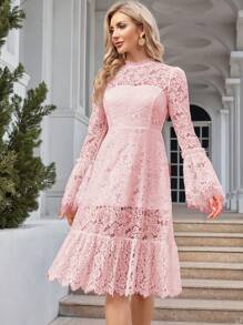 Vestido de manga con volante bajo con fruncido con encaje - Rosa - Ver 1