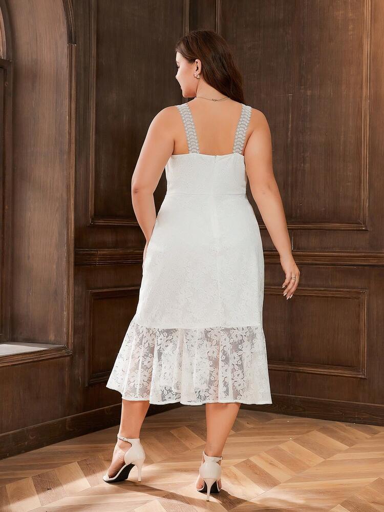 Plus Ruffle Hem Lace Cami Dress - White - View 2