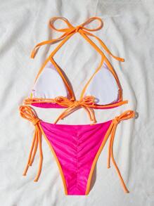 SHEIN Swim 夏季海灘對比邊緣頸掛三角形綁帶式比基尼套裝泳衣 - 玫紅色 - 查看 2