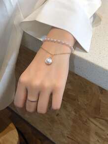 1入組白色PU聚氨酯帶休閒圓形錶盤石英表和1入組人造珍珠裝飾手環,適用於日常生活 - 白色 - 查看 2