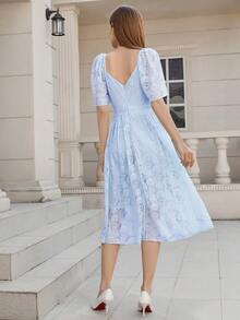 雞心領口泡泡袖蕾絲洋裝