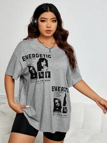 SHEIN Coolane 大碼人物和標語圖案落肩T恤 - 灰色 - 查看 2