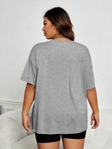 SHEIN Coolane 大碼人物和標語圖案落肩T恤 - 灰色 - 查看 6