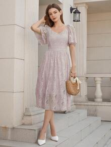 Sweetheart Neck Butterfly Sleeve Lace Dress - Dusty Pink - View 4