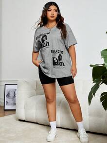 SHEIN Coolane 大碼人物和標語圖案落肩T恤 - 灰色 - 查看 3