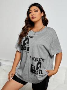 SHEIN Coolane 大碼人物和標語圖案落肩T恤 - 灰色 - 查看 4