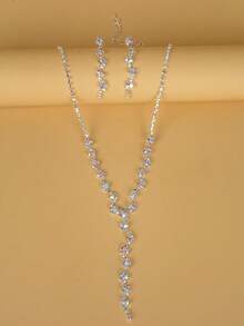 3入組全水鑽長Y形套索項鍊和吊式耳環套裝，適合女士婚禮和派對首飾搭配 - 銀色 - 查看 3