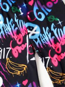 SHEIN 青少女字母圖案短袖T恤和短褲套裝，色彩鮮艷的運動風格，字母印花，經典基礎款式，夏季舒適 - 黑色 - 查看 3