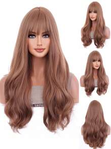 Peluca sintética largo ondulado con tupe - Marrón - Ver 1