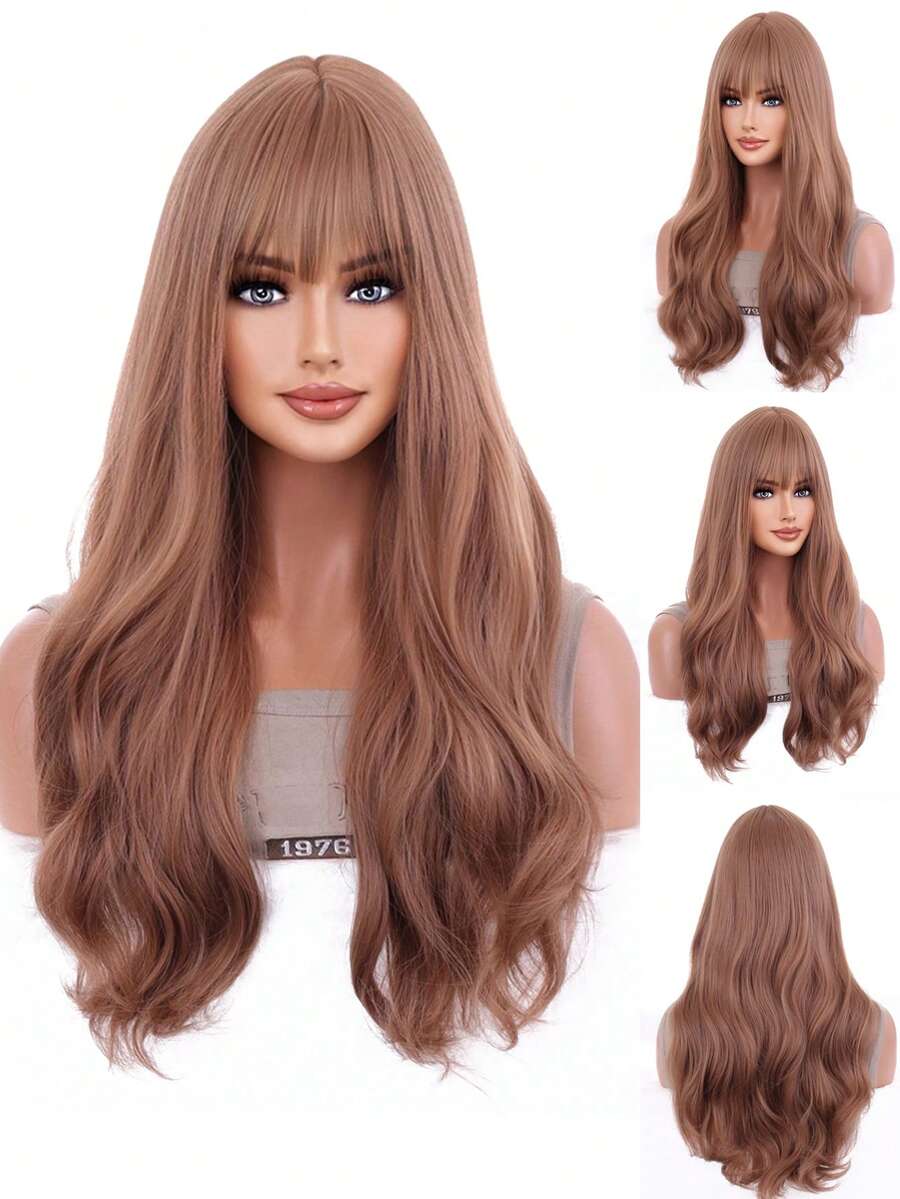 Peluca sintética largo ondulado con tupe - Marrón - Ver 1