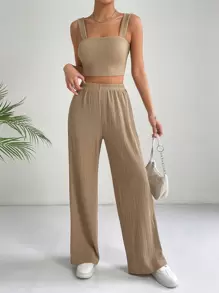 SHEIN EZwear 净色短款吊带背心和阔腿裤两件套