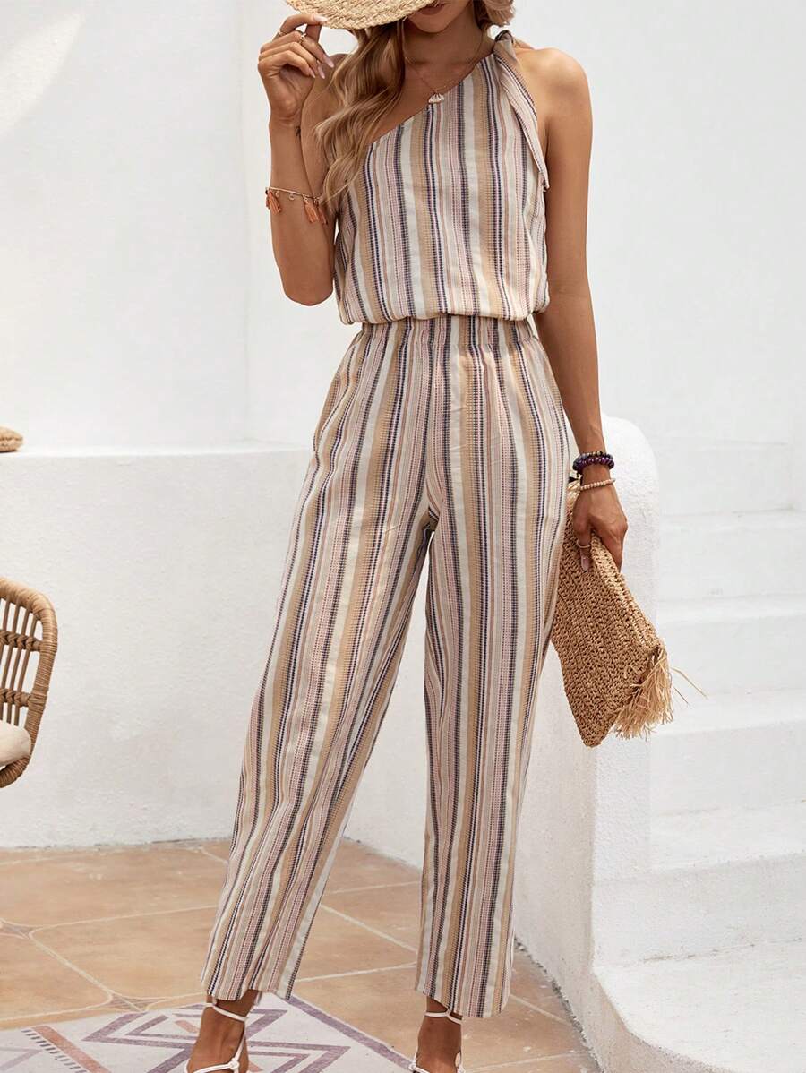 SHEIN LUNE Striped One Shoulder Blouse & Trousers - Multicolor - View 1