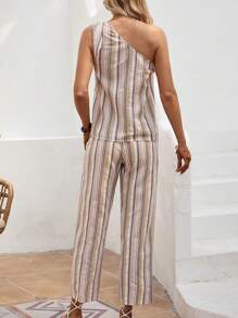 SHEIN LUNE Striped One Shoulder Blouse & Pants - Multicolor - View 2