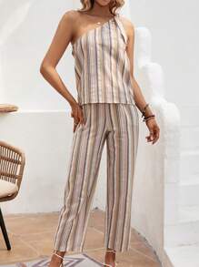 SHEIN LUNE Striped One Shoulder Blouse & Pants - Multicolor - View 6