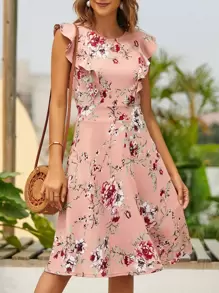 Floral Print Ruffle Trim Dress - Coral Pink - View 1