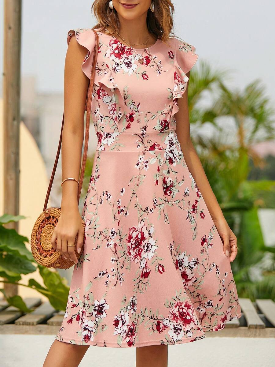 Floral Print Ruffle Trim Dress - Coral Pink - View 1